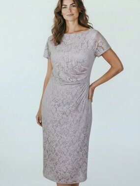 Oleg Cassini Dress Womens Size 16 Glitter Lace Sparkly Champagne Ruched Side